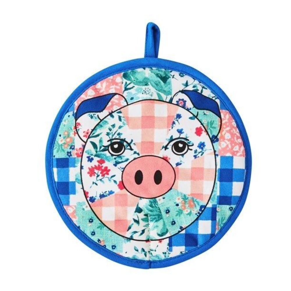 Pioneer Woman Pot Holder Patchwork Quilted Floral Fabric Round 8in Pig Blue New